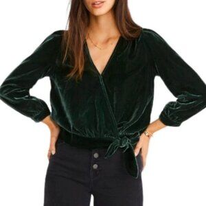 Madewell Crushed Velvet Blouse Women's Tie Waist Plunge V Neck Hunter Green XS